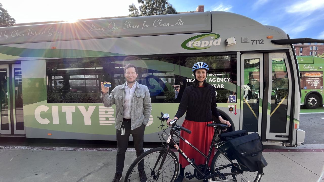 Bus and bike commuters on the UCLA campus.