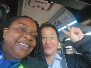 Operator Melvina with a BruinBus passenger